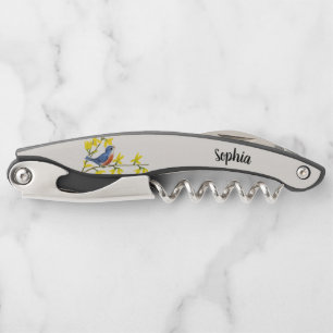 Tire-bouchon Bleu Rouge Chantant Oiseau Branche Fleurs Jaunes