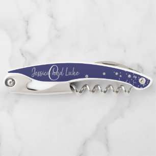 Tire-bouchon Cadeau de mariage élégant monogramme marine et arg
