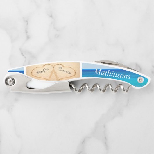 Tire-bouchon Chic Dusty Blue Beach Wedding 2 Heart Sand (Devant)