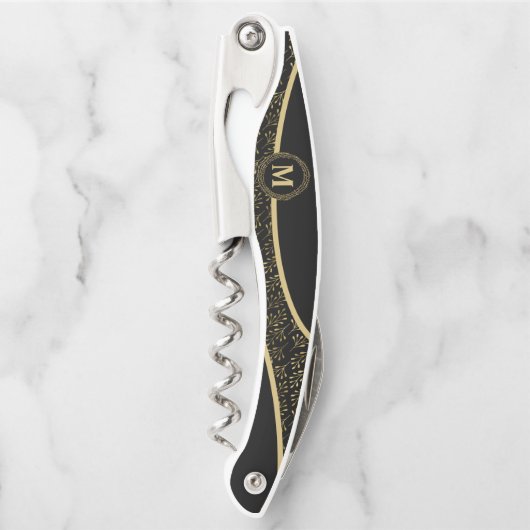 Tire-bouchon Élégant en noir et or Wreath Classic Monogramme (Devant)