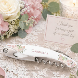 Tire-bouchon Élégant Nom Floral Aquarelle Rose Bohème Mariage