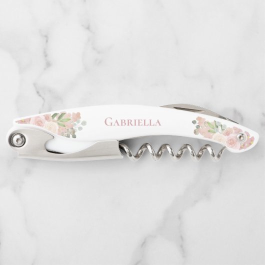 Tire-bouchon Elégante aquarelle Floral rose Boho Nom du Mariage (Devant)
