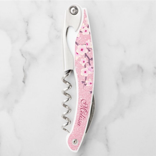 Tire-bouchon Fleurs de cerisier rose Parties scintillant Monogr (Devant)