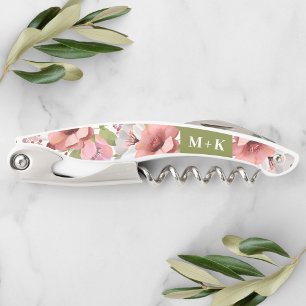 Tire-bouchon Mariage vert monogramme Boho aquarelle florale