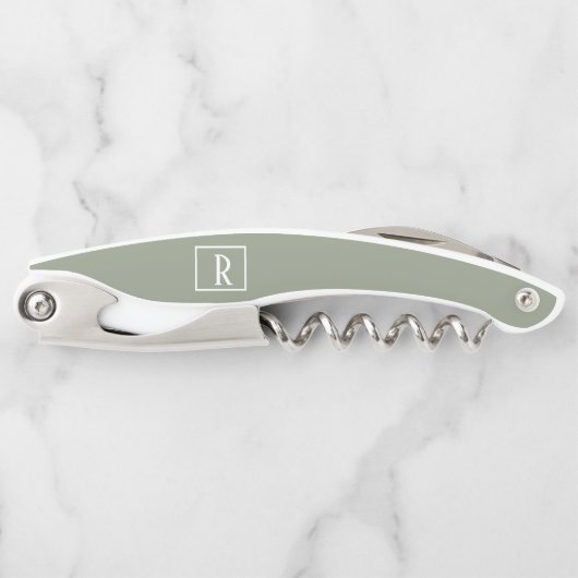 Tire-bouchon Moderne Sage Vert Monogramme Blanc Initiales Boute (Devant)