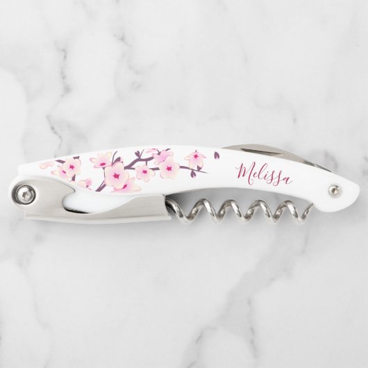 Tire-bouchon Monogramme de fleurs de cerisier rose blanc (Devant)