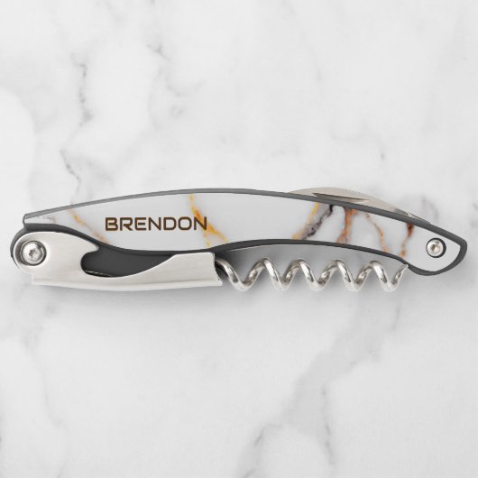 Tire-bouchon Monogramme de texture de marbre blanc et marron (Devant)