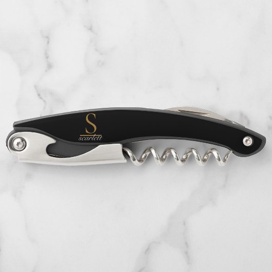 Tire-bouchon Monogramme d'or noir moderne Nom élégant du script