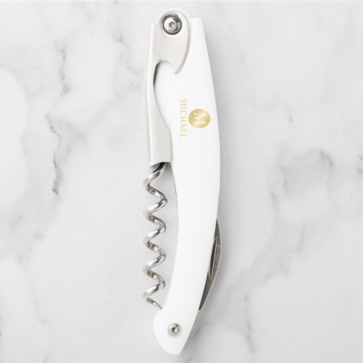 Tire-bouchon Monogramme et nom personnalisés blanc et or (Devant)