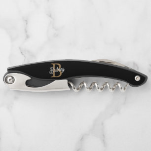 Tire-bouchon Monogramme moderne élégant Nom Black Gold Script
