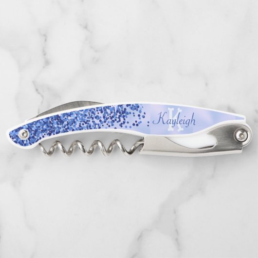 Tire-bouchon Monogramme simple en métal brossé bleu et Parties (Dos)