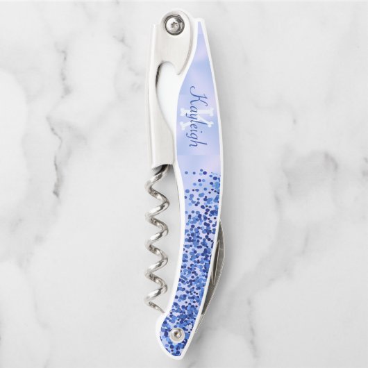 Tire-bouchon Monogramme simple en métal brossé bleu et Parties  (Devant)