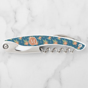Tire-bouchon Motif de fleur de pêche vintage monogramme bleu fo