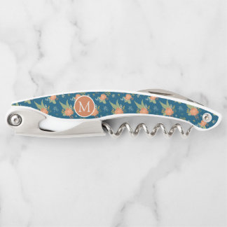 Tire-bouchon Motif de fleur de pêche vintage monogramme bleu fo