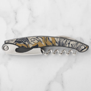 Tire-bouchon Motif floral élégant noir et blanc sur fond doré m