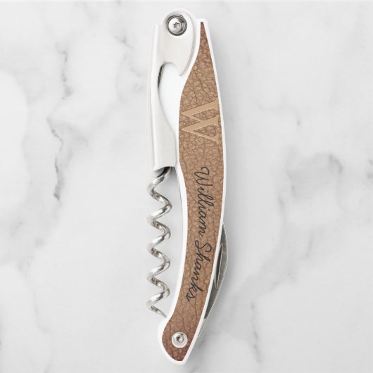 Tire-bouchon Noir chic rustique en cuir marron monogramme (Devant)