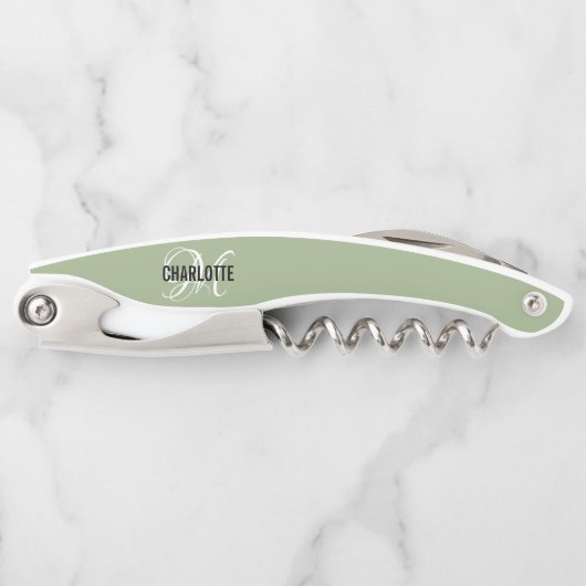 Tire-bouchon Nom de monogramme vert de sauge moderne (Devant)