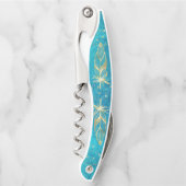 Tire-bouchon Plumes et étoiles bleu turquoise et or (Devant)