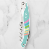 Tire-bouchon Rayures arc-en-ciel rétro Turquoise Monogramme (Devant)