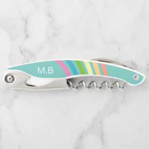 Tire-bouchon Rayures arc-en-ciel rétro Turquoise Monogramme