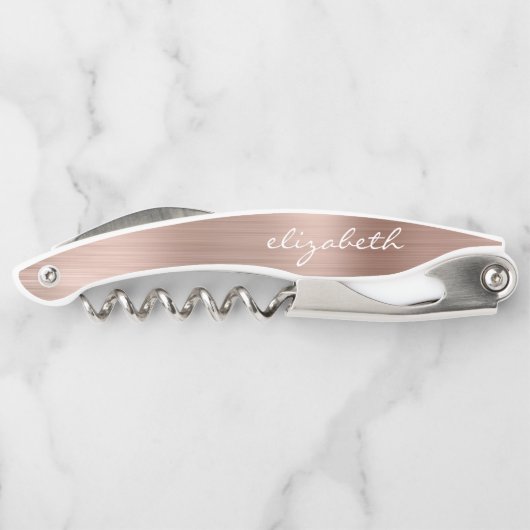 Tire-bouchon Rose Gold Faux brossé Métal Script personnalisé (Dos)