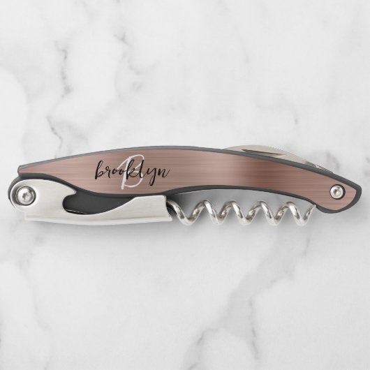 Tire-bouchon Rose Gold Faux Métal Brossé Monogramme Script (Devant)