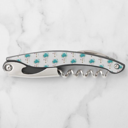 Tire-bouchon Roses turquoise avec touches (Devant)
