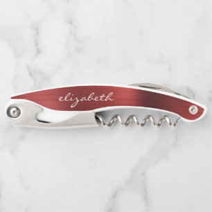Tire-bouchon Rouge Faux Métal Brossé Script Personnalisé