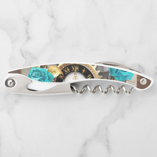 Tire-bouchon Steampunk Clock and Turquoise Roses on Striped (Devant)