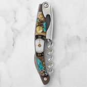 Tire-bouchon Steampunk Clock and Turquoise Roses on Striped (Dos)