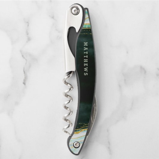 Tire-bouchon Turquoise vert et or Agate Marbre Mariage Monogram (Devant)