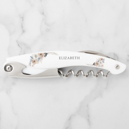 Tire-bouchon Vis à bouchon floral en ivoire et bleu Boho (Devant)