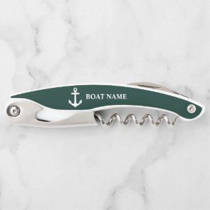 Tire-bouchon Votre nom de bateau Ancre marine Vert de mer