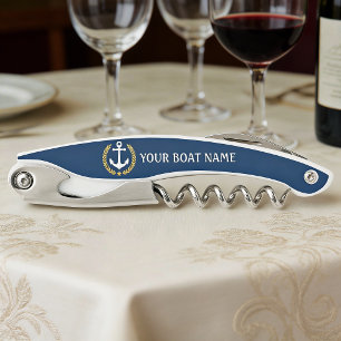 Tire-bouchon Votre nom de bateau Ancre Style Or Laurier Bleu