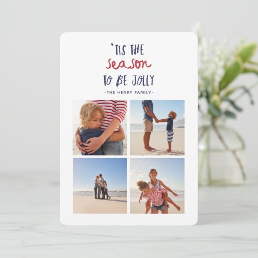 'tis het seizoen multi vier foto familie kerstmis  feestdagenkaart (Staand voorkant)