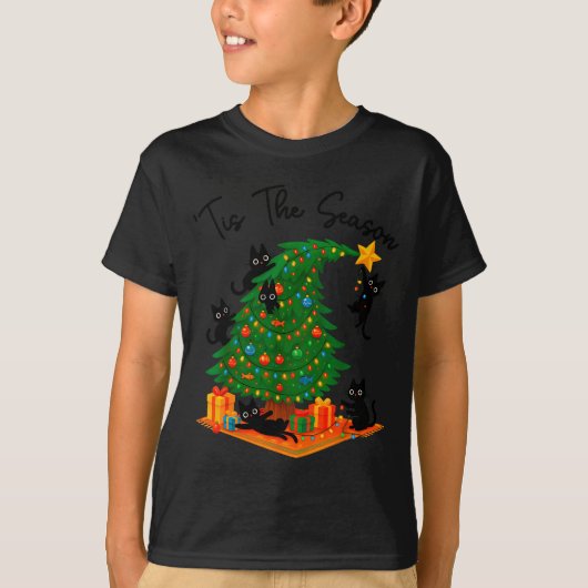 Tis The Season Christmas Tree Cute Black Cat Match T-shirt (Voorkant)