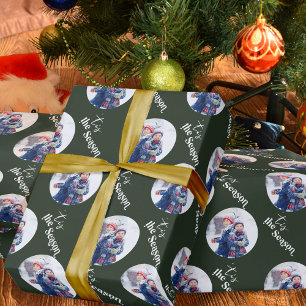 Tis the Season Elegante Lettering Ronde Foto Groen Cadeaupapier