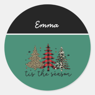 "Tis the Season" Plaid Luipaard kerstbomen Ronde Sticker