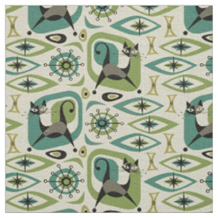 Tissu Abstrait de chats du milieu du siècle - Lime Turq