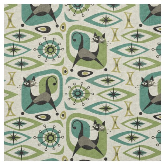 Tissu Abstrait de chats du milieu du siècle - Lime Turqu (Échantillon)