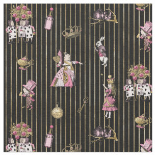 Tissu Alice au pays des merveilles sur bande noire et or