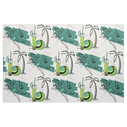Tissu ALOHA : RETRO BEACH GRAPHIC à AQUA et VERT (Fat Quarter)