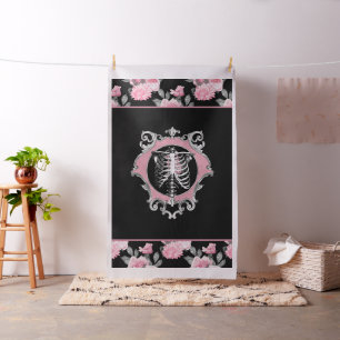 Tissu Amour gothique Squelette rose et noir Coeur flor