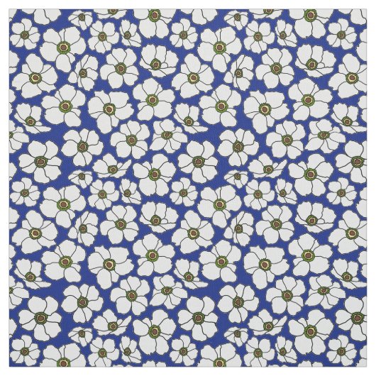 Tissu Anémones blanches sur fond bleu (Échantillon)