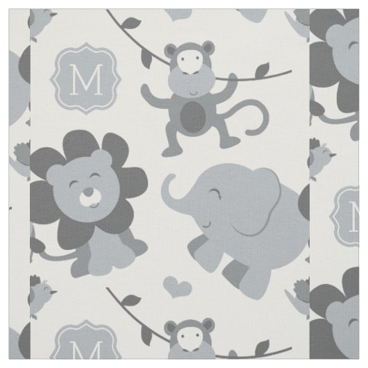 Tissu Animaux de la jungle gris mignons bébé monogramme (Échantillon)