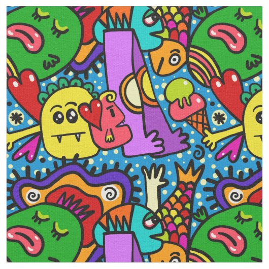 Tissu Anime design doodles faces smiles (Fermer)