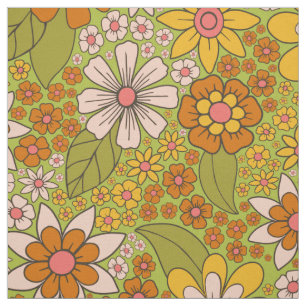 Tissu Années 1960, 1970 Vert & Orange Retro Floral