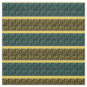 Tissu Aqua/or floral-or/rayure blanche - noir