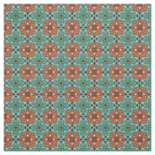 Tissu Aqua Turquoise Bleu Orange Rouge Brown Orient Art