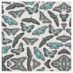 Tissu Aqua Turquoise Papillons noirs Motif aquarelle